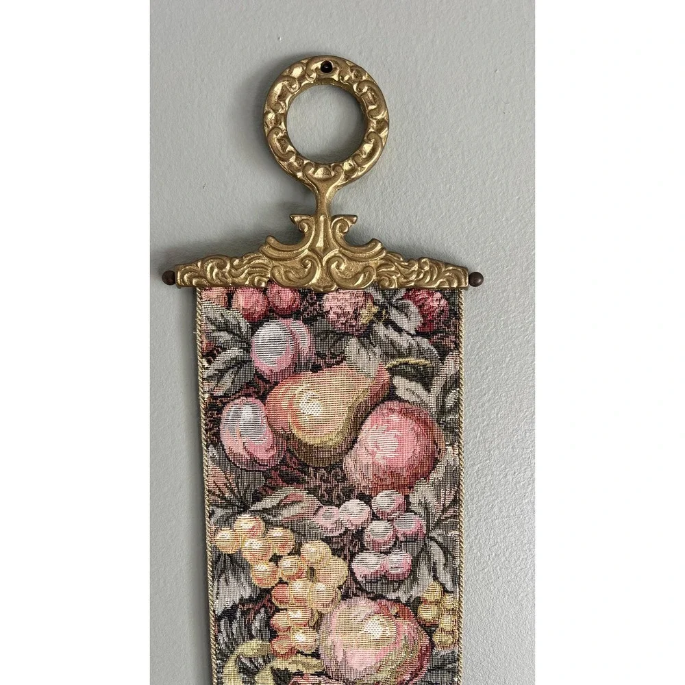 Vintage Fruit Tapestry Wall Hanging Brass Hardware Tassel English Cottage Decor